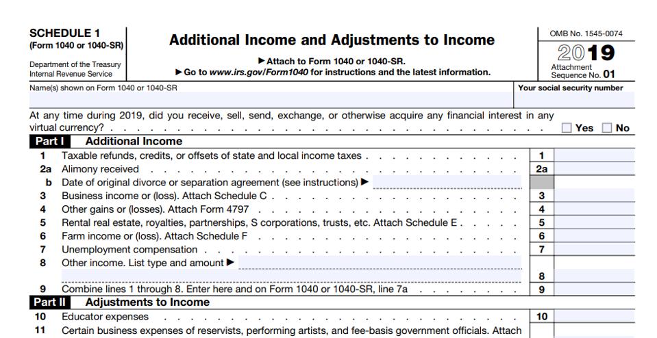 2019 Schedule 1 form with crypto tax question