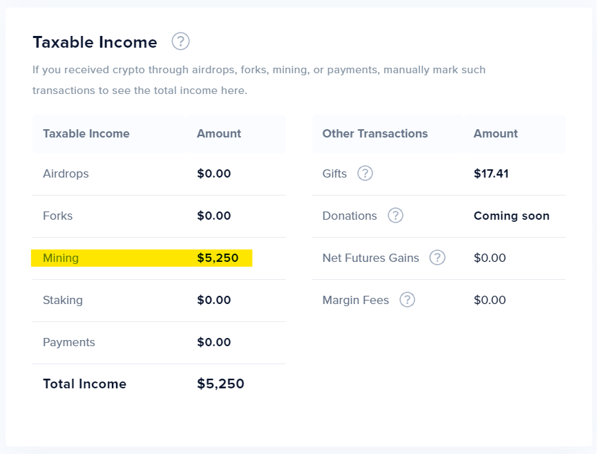  screenshot of CoinTracker’s Tax Center - Mining Income