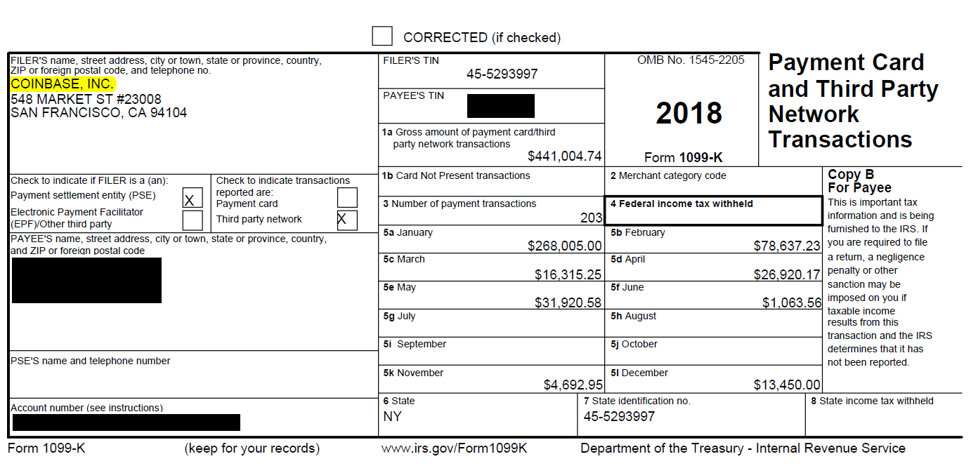 Sample Form 1099-K issued by Coinbase