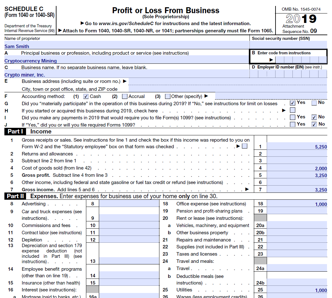 Schedule C with mining income and expenses reported