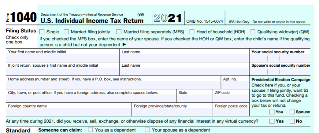 2021 IRS Form 1040 virtual currency question