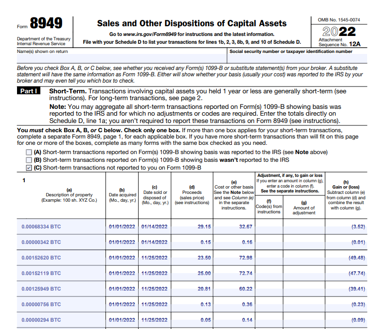 IRS Form 8949 required for cryptocurrency tax filings (generated by CoinTracker)