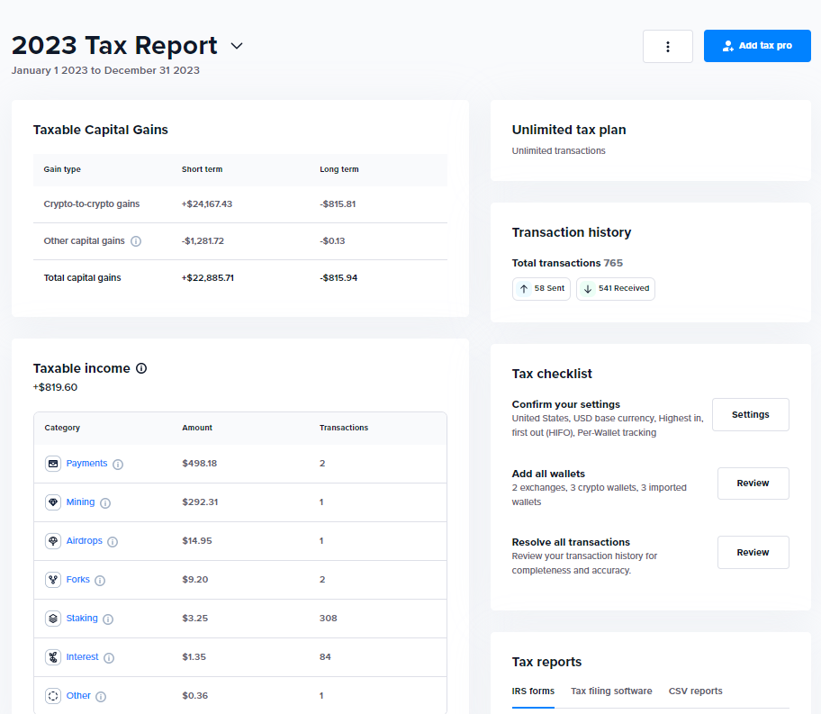 screenshot of CoinTracker automatically calculating crypto taxes